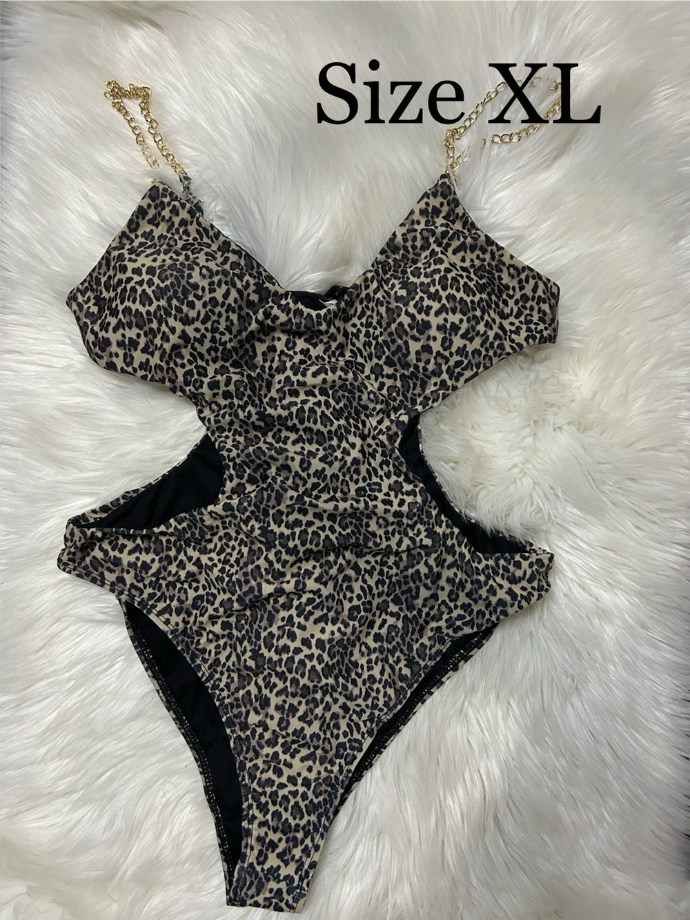 Women’s Leopard Print Cutout One-Piece Swimsuit Gold Chain Straps Size XLarge
